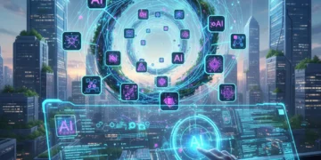 Developer interacting with a holographic display showing latest AI model releases and data streams