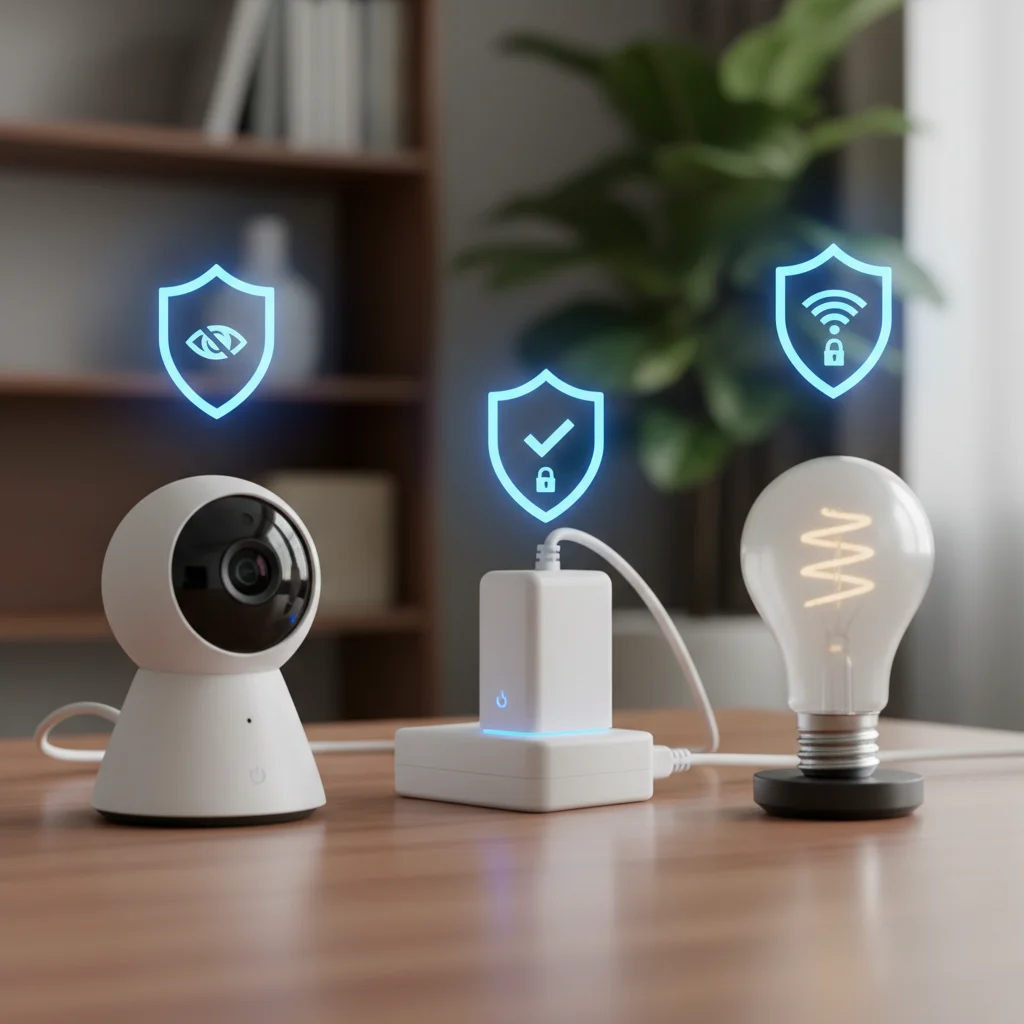 Collection of smart home devices under a protective shield, symbolizing individual device security.