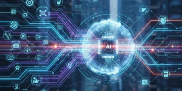 Futuristic network showing data flow and edge AI processing