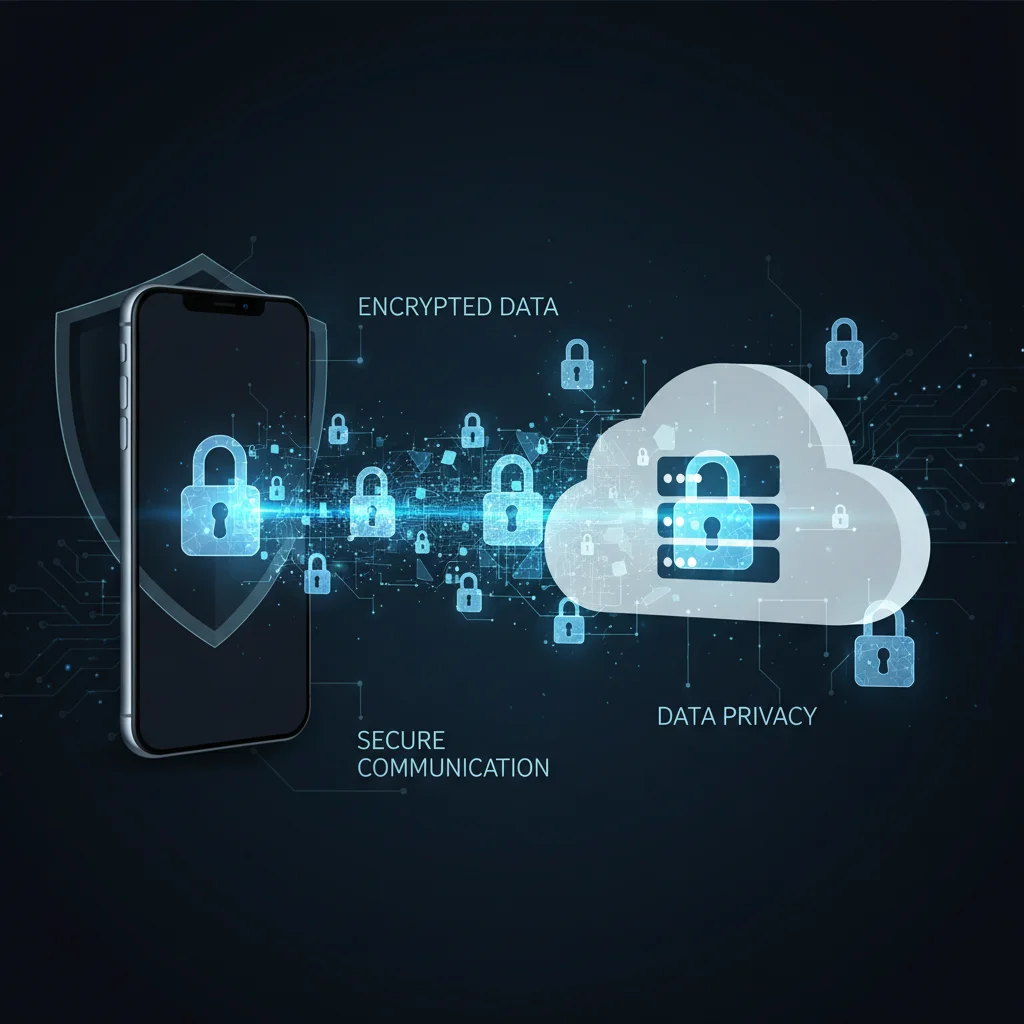 Encrypted data transfer between smartphone and cloud, showing secure communication.