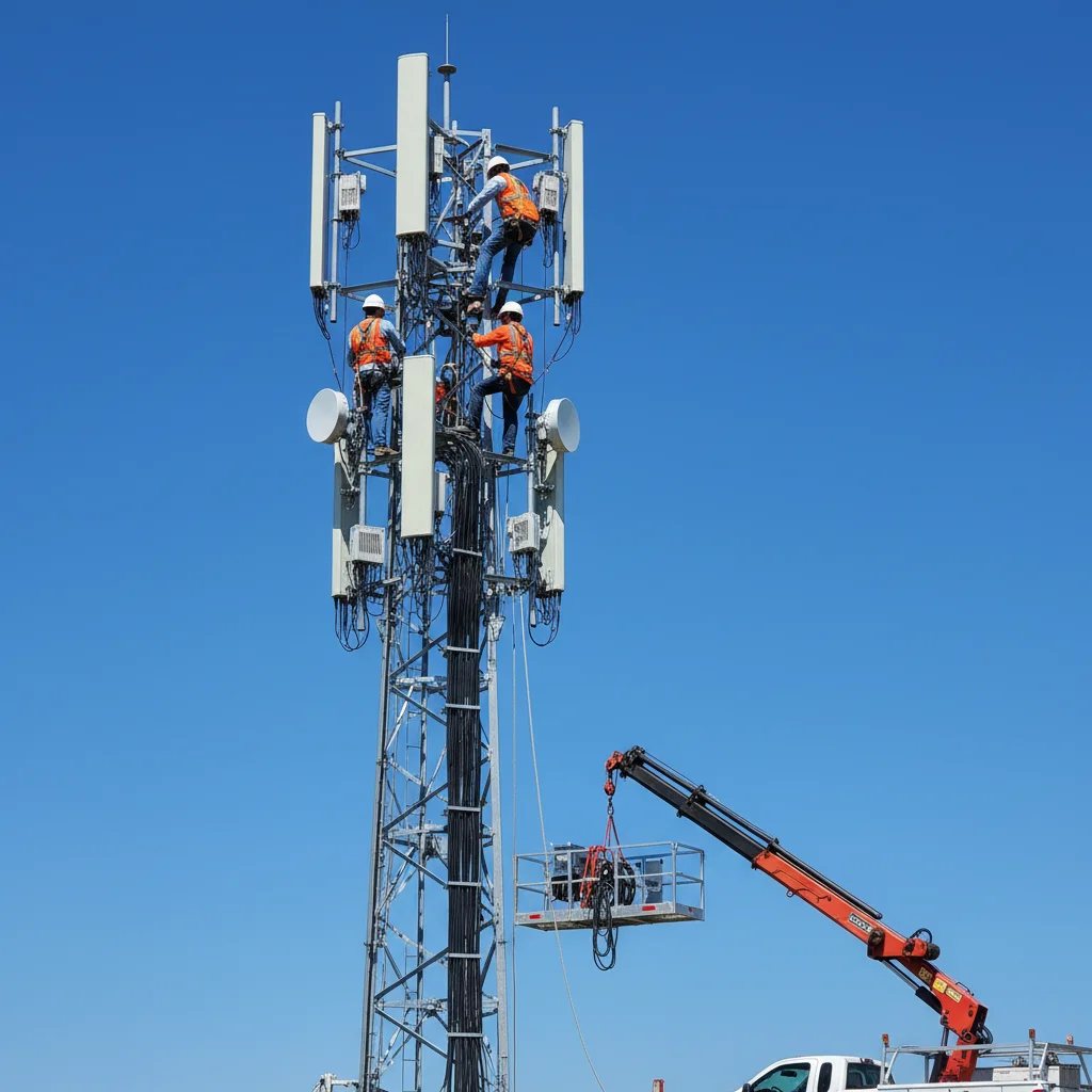 Engineers working on a cellular tower for 5G infrastructure development.