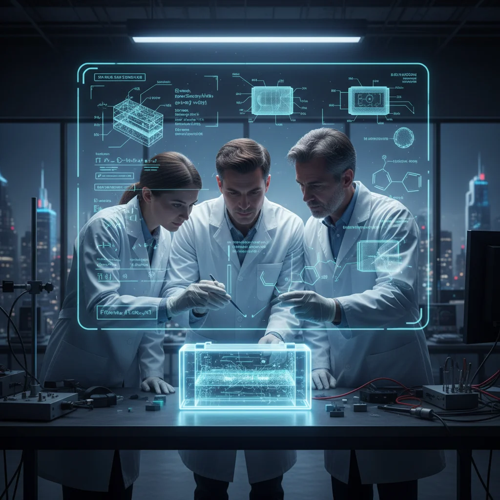 Engineers studying solid-state battery prototype in a lab.