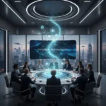 Enterprise AI Trends: Driving Business Growth & ROI Professionals collaborating in a modern conference room with holographic AI data projections.