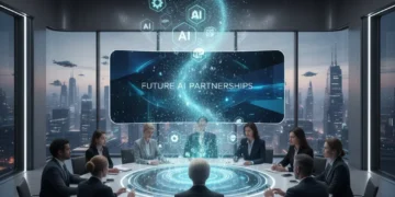 Professionals collaborating in a modern conference room with holographic AI data projections.