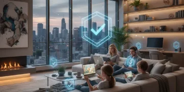 Family safely using digital devices at home with cybersecurity protection