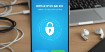 Smartphone displaying firmware update notification with a security padlock