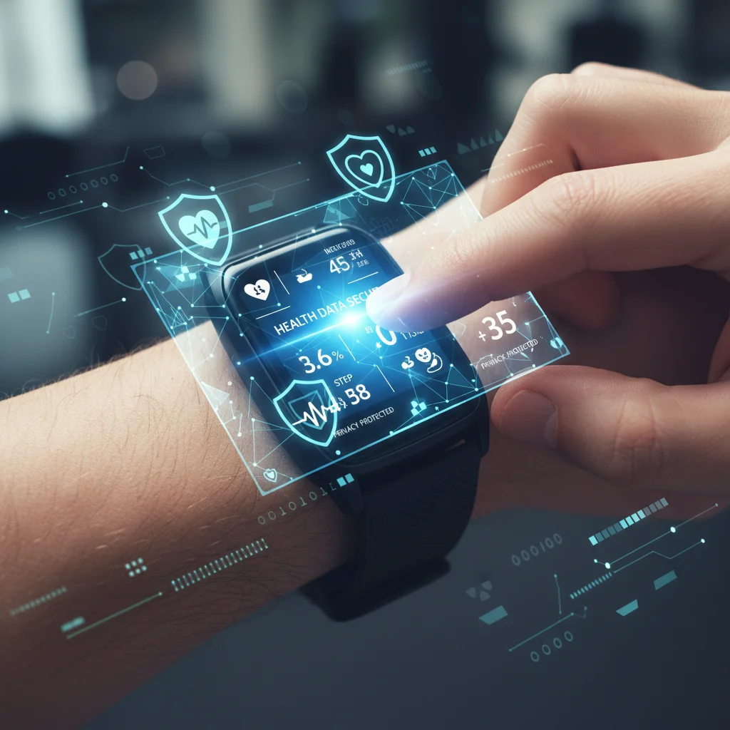 Hand with fitness tracker showing digital security shields protecting personal health data