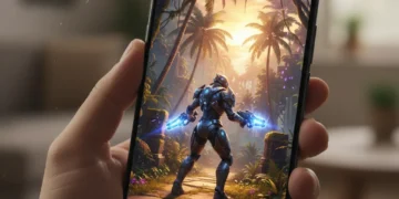 Flagship smartphone running a graphics-intensive mobile game.