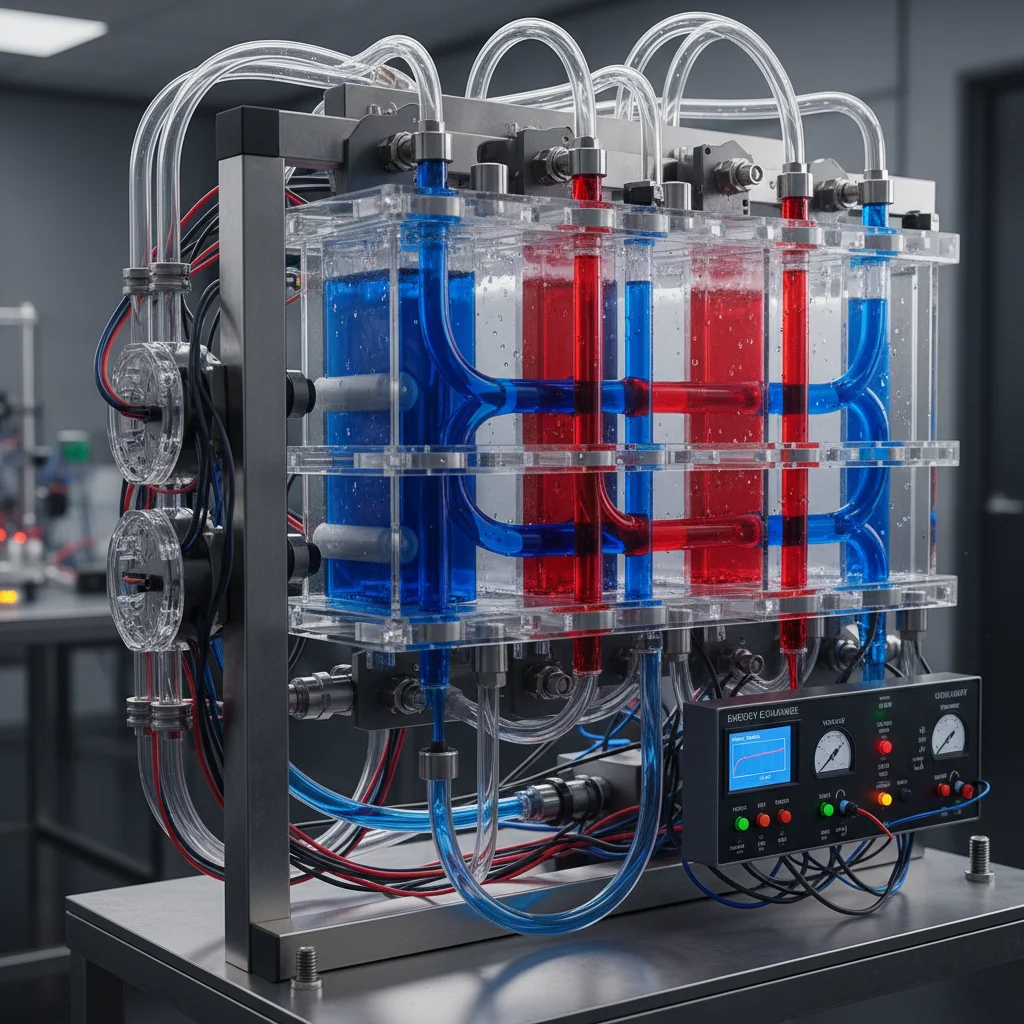 Close-up of a flow battery system with colorful electrolytes.