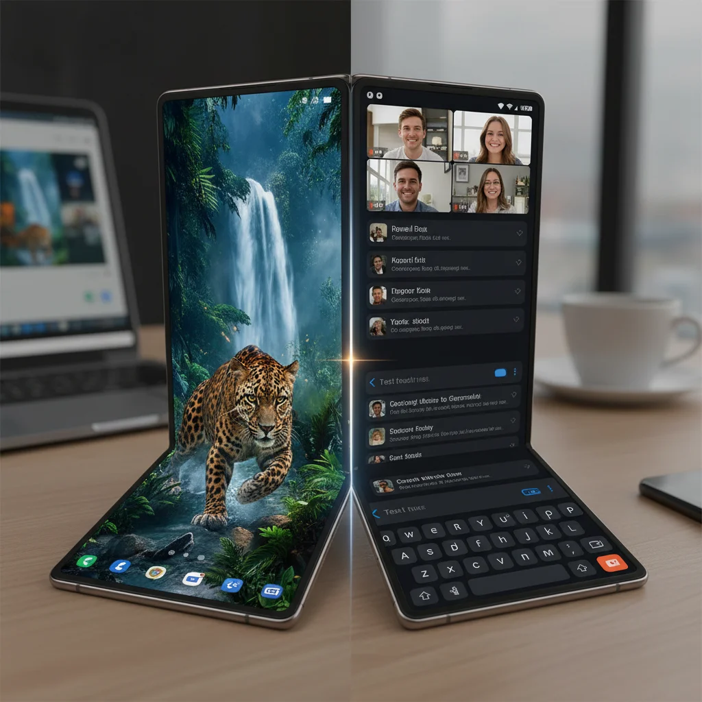 Foldable phone display showcasing seamless app transition and multi-window capability