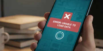 Hand holding a smartphone with a frozen application on the screen, illustrating common mobile issues.