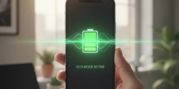 Hand holding a smartphone with a full battery icon, representing extended phone battery life.