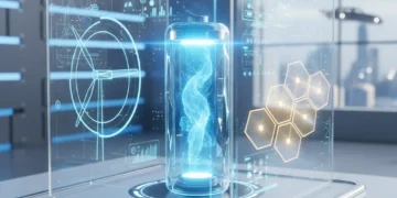 Futuristic battery cell glowing with energy amidst renewable tech symbols.
