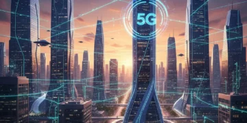 Futuristic cityscape with glowing 5G network connections, symbolizing advanced urban connectivity.