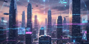 Futuristic city with glowing data lines representing advanced connectivity
