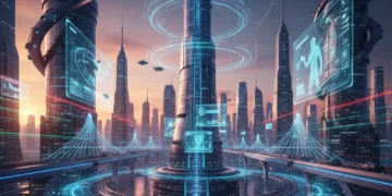 Futuristic city with digital overlays representing emerging tech innovations