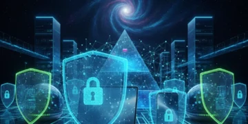 Futuristic digital security shields protecting electronic devices
