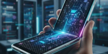 Futuristic foldable smartphone partially open displaying a vibrant interface.