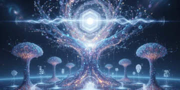 Futuristic digital landscape representing advanced generative AI models and breakthroughs.