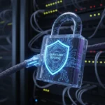 Hardware Security Gadgets: Bolster Network Defense by 2027 Futuristic digital padlock securing network cable, symbolizing advanced hardware security gadgets for defense.