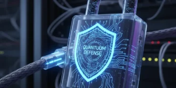 Futuristic digital padlock securing network cable, symbolizing advanced hardware security gadgets for defense.