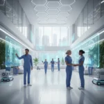 AI in Healthcare: Transforming Patient Care by 2030 Doctors using AI-powered diagnostic tools in a futuristic hospital