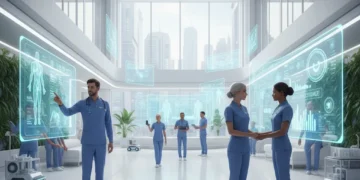 Doctors using AI-powered diagnostic tools in a futuristic hospital