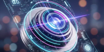 Futuristic smartphone camera lens with advanced glowing elements
