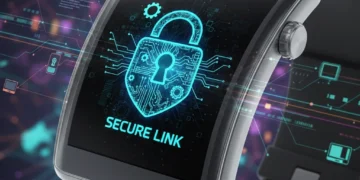 Futuristic smartwatch with digital lock icon representing advanced wearable tech security