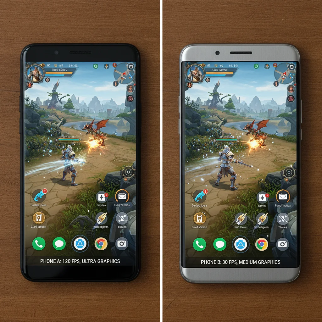 Comparison of two flagship phones playing the same high-graphics game.