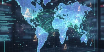 Global map showing interconnected AI regulations and policy frameworks