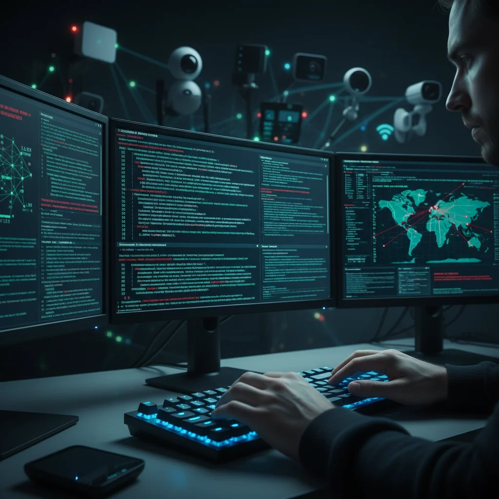Hacker typing on a keyboard, illustrating a cyberattack targeting IoT systems.