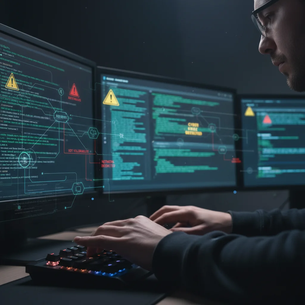 Hacker exploiting IoT device vulnerabilities on a computer