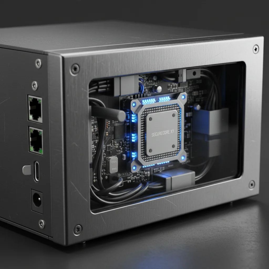 Close-up of a hardware security module (HSM) device, emphasizing cryptographic protection.