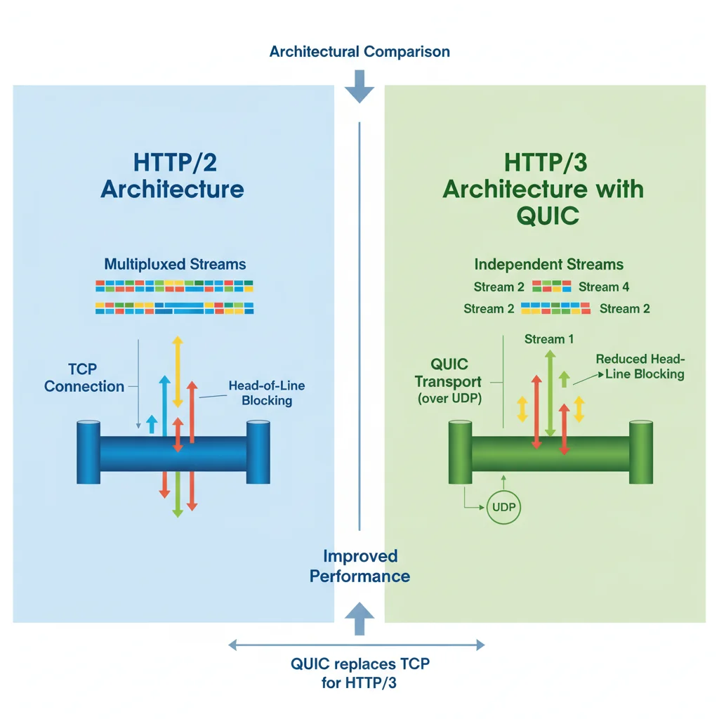 Infographic comparing HTTP/2 and HTTP/3 architecture with QUIC