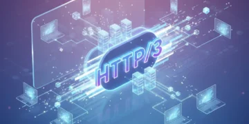 Futuristic network diagram with HTTP/3 speeding up data flow
