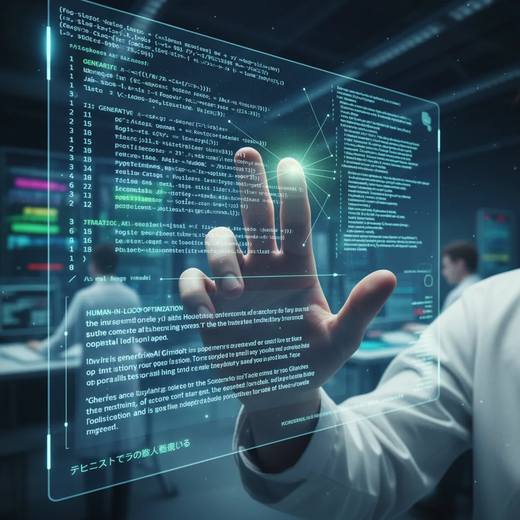 Human hand interacting with holographic AI language interface