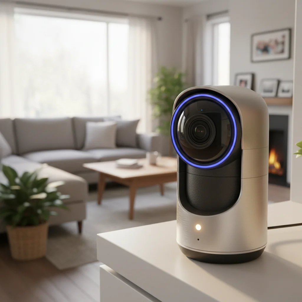 Indoor smart home security camera monitoring living room