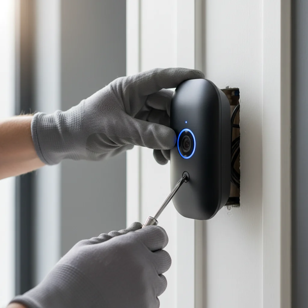 Hand installing a modern smart doorbell camera on a doorframe.