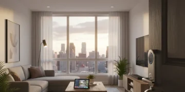 Integrated smart home security system dashboard on a tablet in a modern living room.