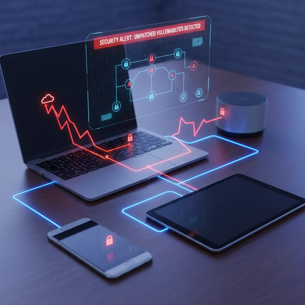Network of interconnected devices showing potential unpatched vulnerabilities