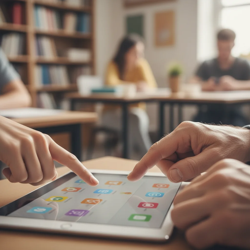 Intergenerational hands learning together on a tablet, symbolizing digital skill transfer.