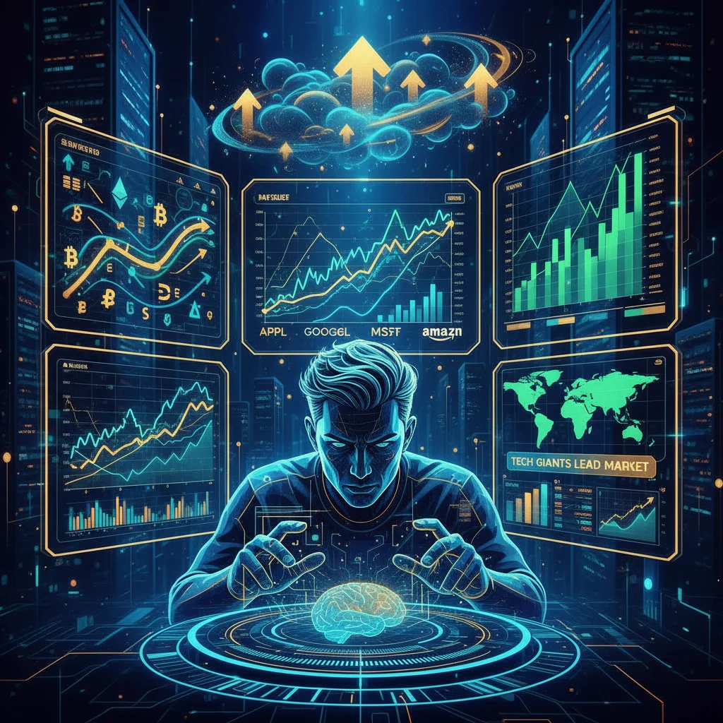 Investor analyzing market data and big tech stock performance.