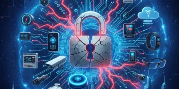 Illustration of IoT devices facing cybersecurity threats with a prominent padlock icon.