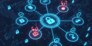 Illustration of interconnected IoT devices with security vulnerabilities highlighted