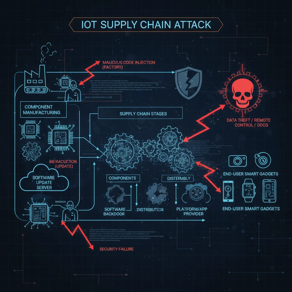 Diagram of a supply chain attack impacting IoT devices