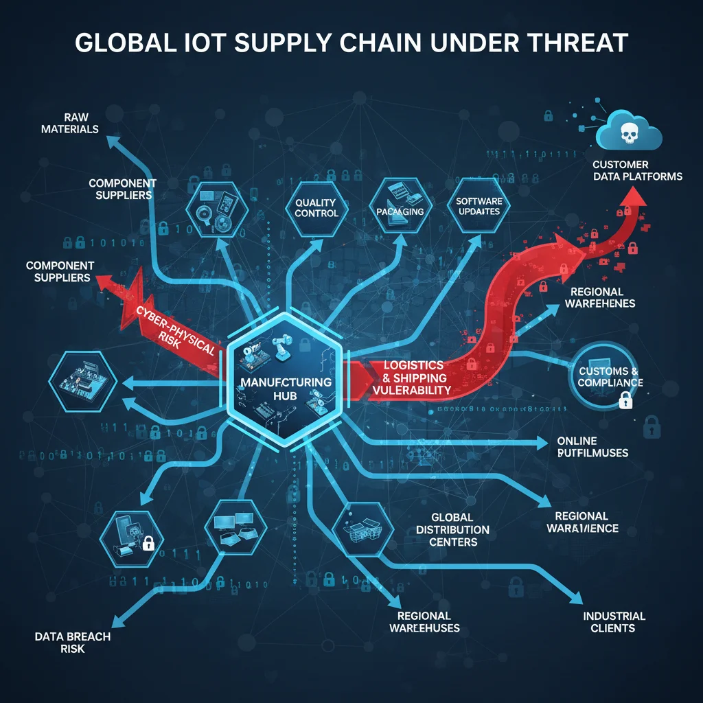 Diagram illustrating vulnerabilities within an IoT device supply chain.