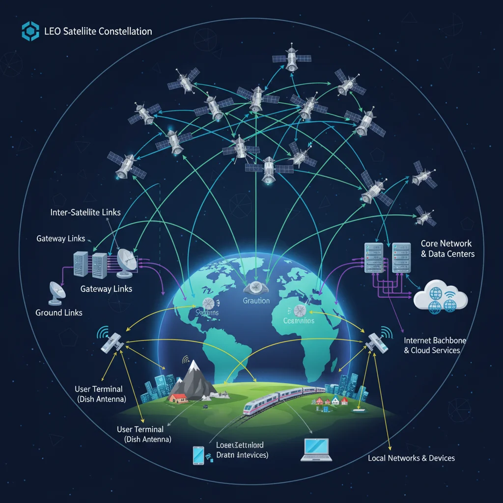 Diagram showing LEO satellite network communication for internet service.