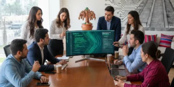 Mexican developers discussing AI ethics and regulations in a modern office