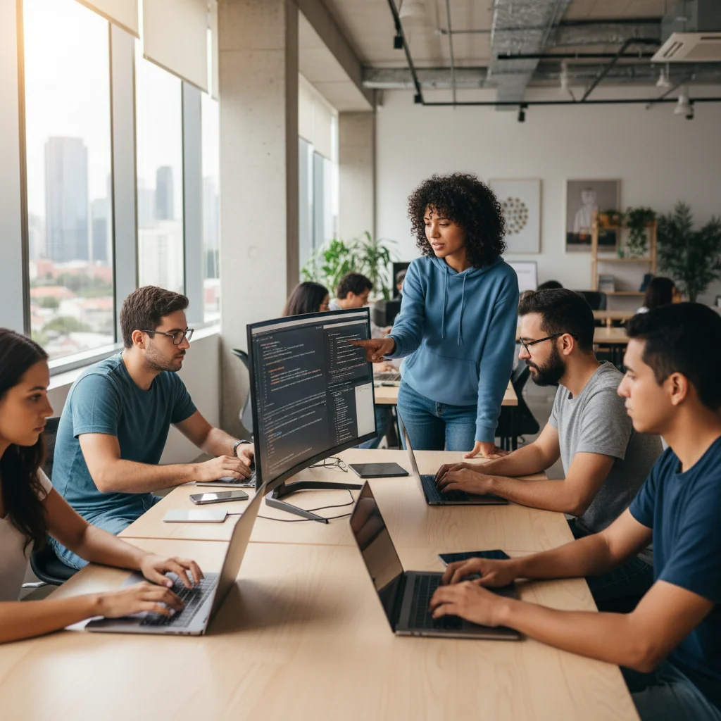 Mexican software developers working on code in modern office